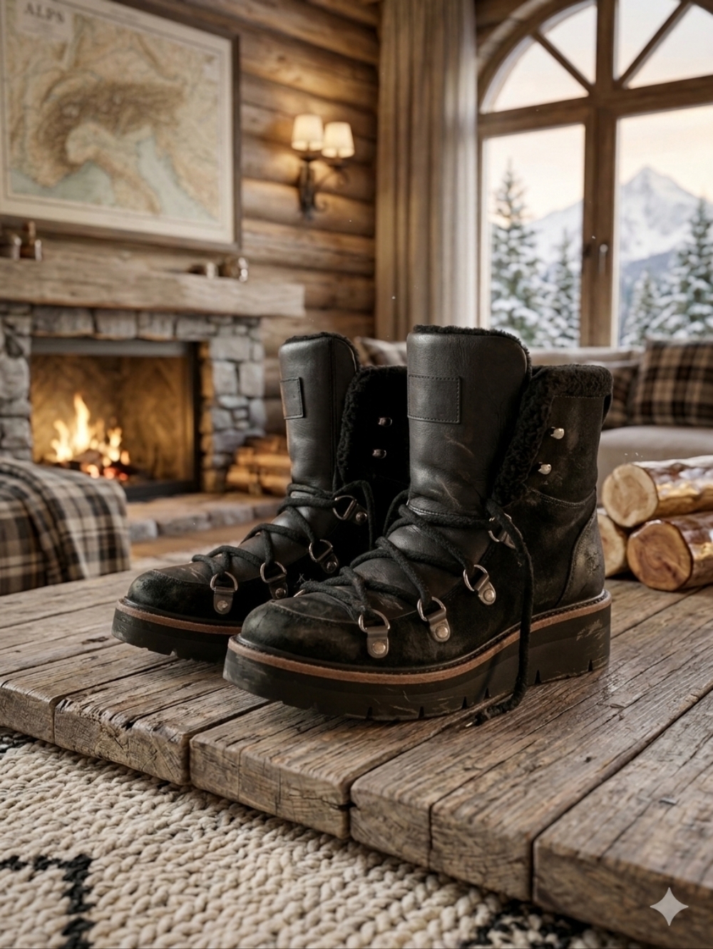 rag & bone Black Lace-Up Shearling-Trim Winter Boots